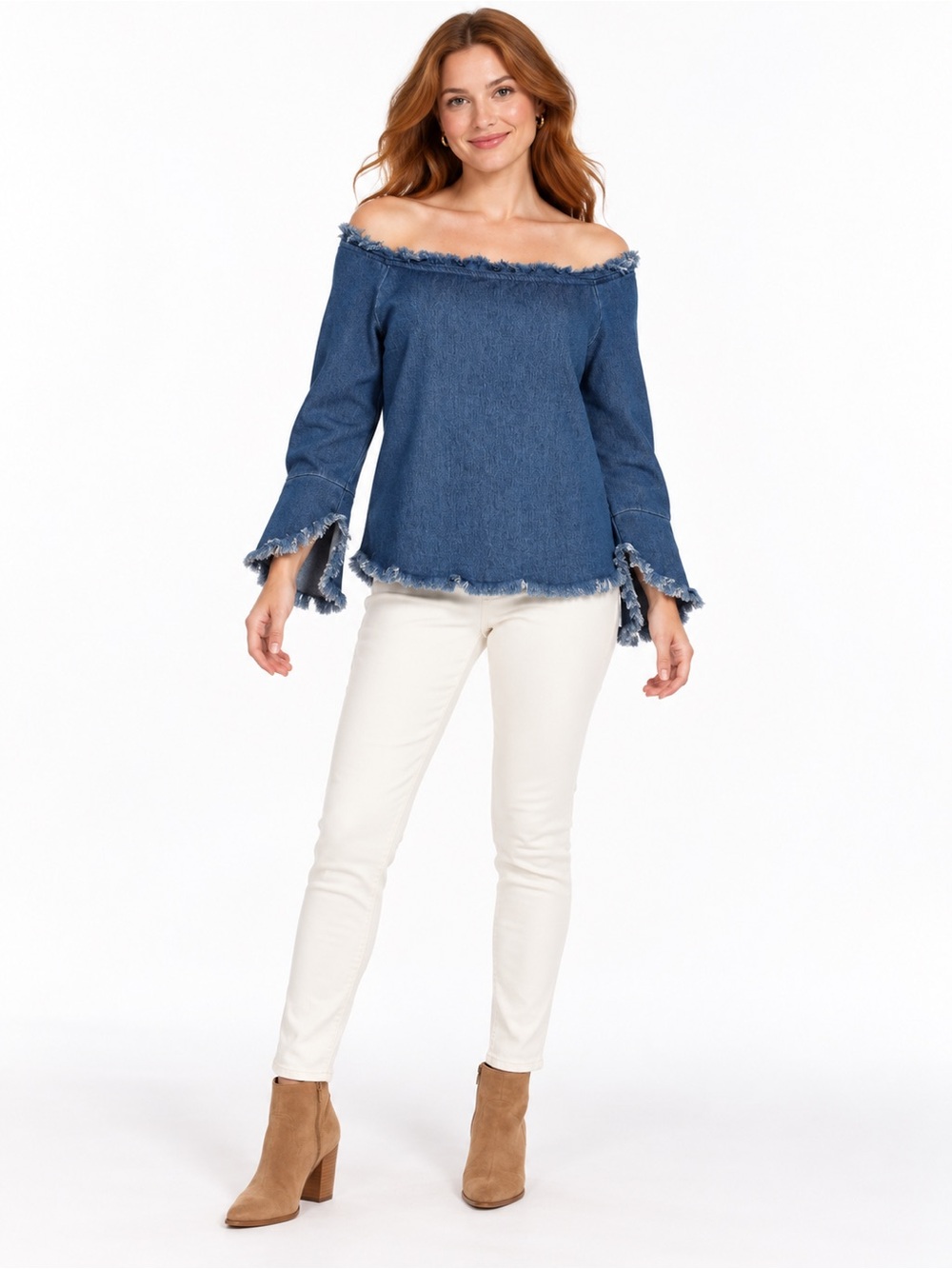 Venus Blue Denim Fringe Boho Coastal Bell Sleeve Off The Shoulder Blouse Size XL